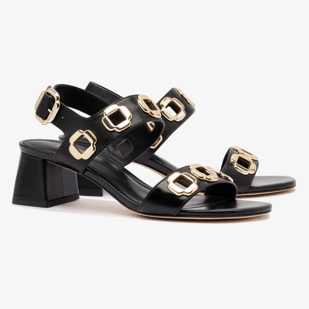 Larroude Milan Sandal In Black Leather with Gold Hardware - Picture 7 of 12